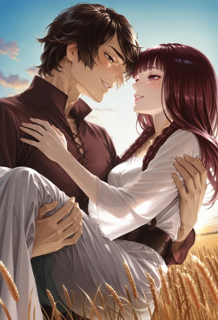 masterpiece, best quality, very aesthetic, highly detailed, detailed, absurdres, highres, newest, moyataro, couple,
((1girl, morgana_hifm, blush, happy, beautiful smile, parted lips, glossy lips, looking at another, being carried))
BREAK
((1boy, jacopo_hifm, holding hands, holding another's hand, looking at another, standing, princess carry))
BREAK
side view, blue sky, wheat field, film grain, cinematic lighting, sunset, ((scenery focus))
dynamic angle, depth of field, detailed background,