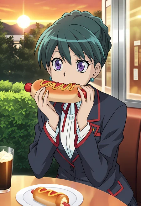 masterpiece,best quality,amazing quality,
1girl, solo, face focus,
Akari Yotsue (Cardfight Vanguard), short hair, green hair, braid, purple eyes, school uniform, jewelry, earrings, neck ribbon, white shirt, blazer, long sleeves, pleated skirt, white socks, shoes, black footwear,
cinematic, upper body, eating hotdog,
Sit, sitting, glass, cafe, greenery,
afternoon, sunset,
Lens flare, bloom,
Official style, anime screencap, anime coloring,