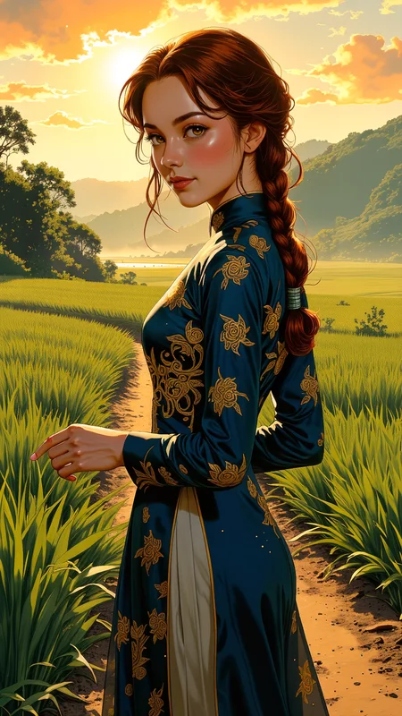 High-resolution semi-realistic anime-style illustration with expressive brushstrokes, rich textures, and cinematic sunrise lighting. A young woman stands at the edge of a narrow dirt path winding through endless green rice fields, facing the viewer with a calm, introspective gaze. Her deep auburn hair is styled into loose twin braids, with a few stray strands framing her delicate, well-defined features. Her golden-brown eyes reflect the soft glow of the morning sun, a quiet serenity in her expression. She wears a traditional Vietnamese áo dài in deep navy blue, adorned with intricate golden floral patterns that shimmer subtly in the morning light. The flowing silk fabric drapes elegantly around her figure, the long side slits revealing glimpses of matching wide-legged pants. The morning mist clings to the fields, diffusing the golden light that spills over the landscape, casting soft, elongated shadows. Her fingers lightly brush against the tips of the rice plants, their dewdrops glistening like tiny jewels. Painterly textures blend impressionistic light with detailed realism, capturing the quiet, poetic beauty of the moment <lora:Anime_Art_V3:0.5> <lora:Vintage_comic_book:0.7000000000000001> <lora:style_of_Buckminster_Fuller_flux_367:0.5>
