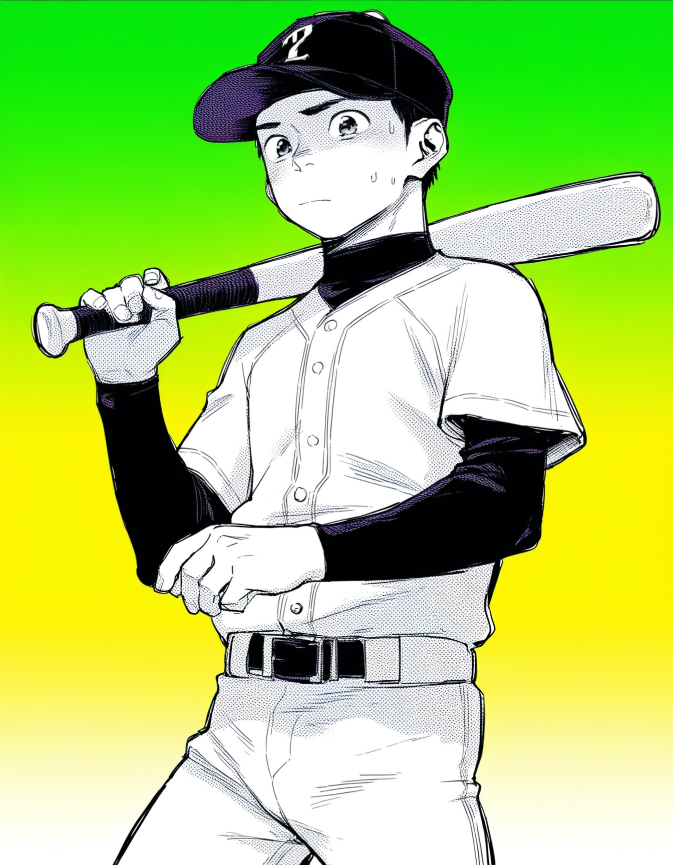 best quality, good quality, shounenzoom-style, manga, monochrome, screentones, gradient background, cowboy shot, 1boy, solo, baseball cap, baseball uniform, holding baseball bat, looking at viewer, sweatdrop, closed mouth <lora:shounen_zoom-naixl_vpred-v7Nd-ShoAI:1>