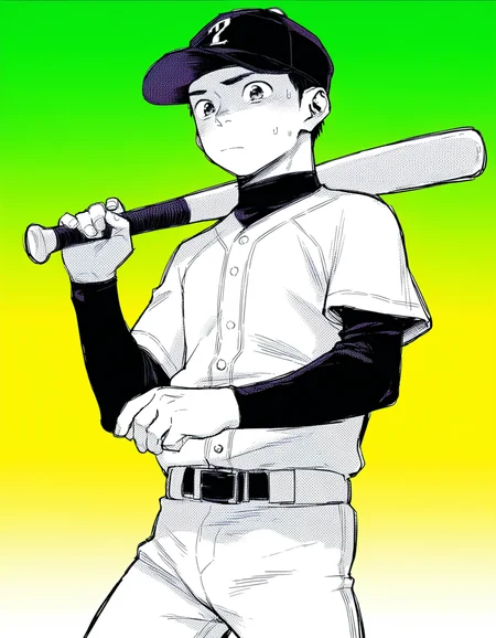 best quality, good quality, shounenzoom-style, manga, monochrome, screentones, gradient background, cowboy shot, 1boy, solo, baseball cap, baseball uniform, holding baseball bat, looking at viewer, sweatdrop, closed mouth <lora:shounen_zoom-naixl_vpred-v7Nd-ShoAI:1>