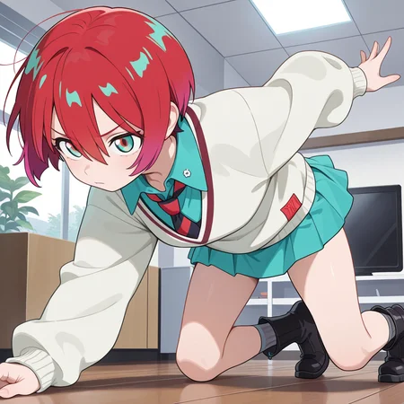 amate yuzuriha,1girl,solo,
amate yuzuriha,
red hair,multicolored hair,short hair,aqua eyes,multicolored eyes,
aqua shirt,striped necktie,white sweater,aqua skirt,grey socks,black boots,
indoors,dynamic pose,
masterpiece,best quality,amazing quality,very aesthetic,absurdres,