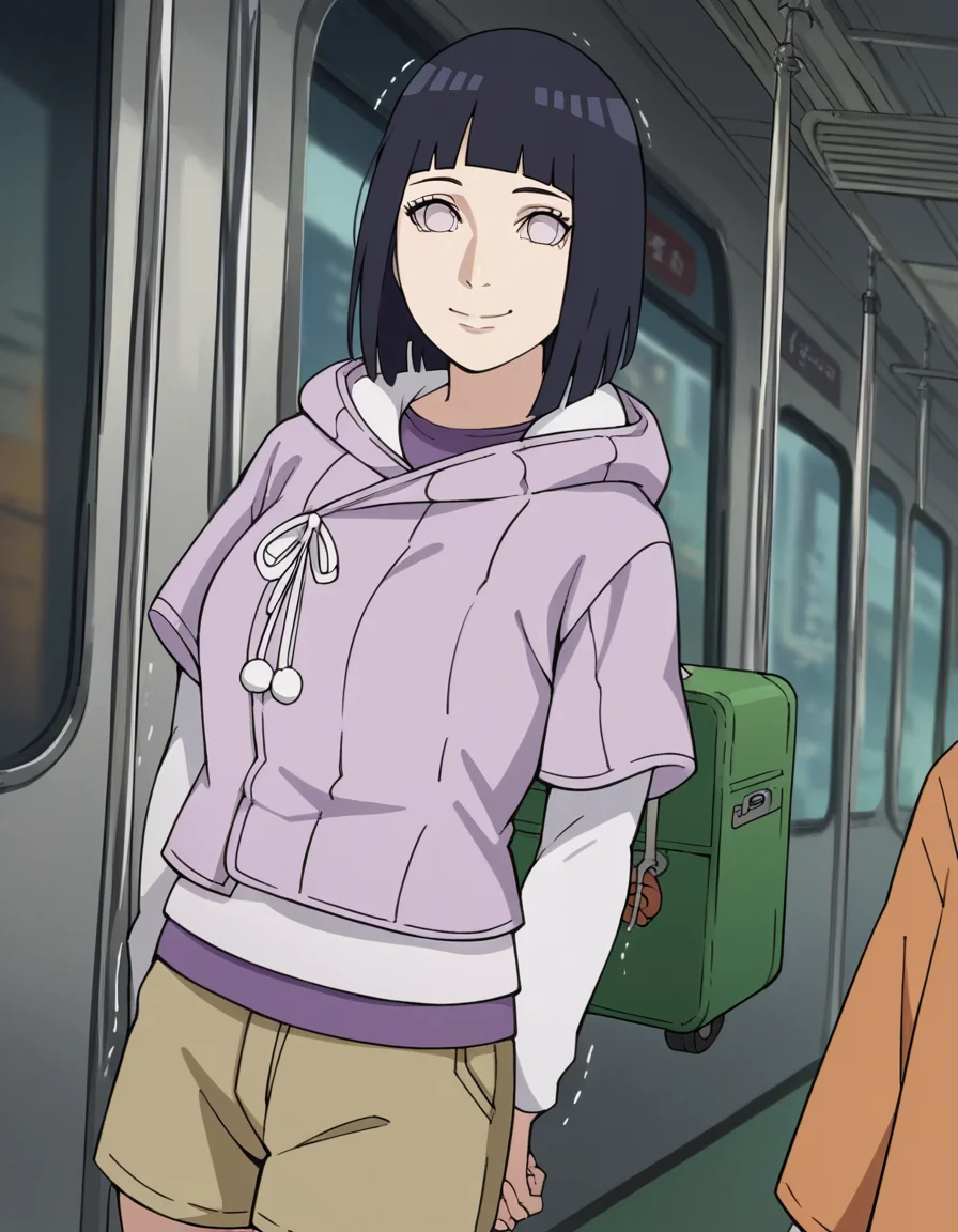 score_9, score_8_up, score_7_up, source_anime, <lora:hinata-hyuuga-boruto-anime-ponyxl-lora-nochekaiser:1>, hinata uzumaki, hyuuga hinata, short hair, bangs, black hair, blunt bangs, white eyes, mature female, large breasts,, long sleeves, shorts, hood, kneehighs, hoodie, hood down, brown shorts,, train station, waiting for train, suitcase, traveling, commute, city skyline, hands behind back,, smile, looking at viewer, hand shaking hands, solo,, cowboy shot, dutch angle