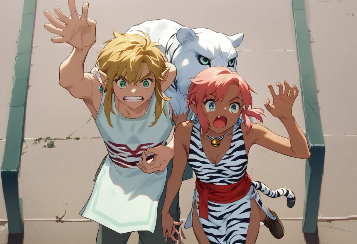 score_9, score_8_up, score_7_up, score_6_up, Masterpiece, source_anime screenshot, duo, 1 girl, 1 boy, vivid colors, full color, shiny and glossy, anime style, high-res, beautiful aesthetic, very intricate, high-quality details, vibrant, highly detailed, award-winning, professional, <lora:pink-ponyxl-v2:1>, 1 girl, single fang showing, sleeveless dress, white tiger print dress, pelvic curtain, cleavage, white cat ears, cat bell necklace, bright pink hair, tanned, white tiger tail, red sash, small breasts, leather shoes, detailed eyes, green eyes, detailed face, break, <lora:link:1> 1boy, link1, link, pointy ears, blonde hair, blue eyes, medium hair, side locks, earrings, short ponytail, blue hylian tunic, break, pink and link shouting, holding protest signs high above their heads, front view, cowboy shot