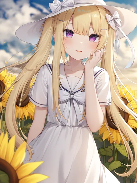 1girl, solo, long hair, looking at viewer, bangs, blonde hair, hair ornament, hat, dress, bow, hair between eyes, twintails, very long hair, purple eyes, flower, short sleeves, hair bow, outdoors, parted lips, sky, day, hairclip, cloud, sailor collar, white dress, white headwear, white bow, hat bow, yellow bow, sailor dress, sun hat, yellow flower, sunflower, flower field,hand on headwear, wind,light smile,
<lora:gan_cheng_3-000044>,
