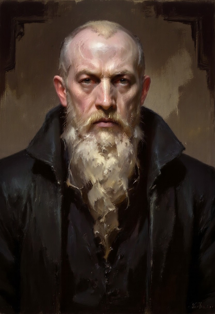 Dark-Fantasy-Cardd-V.2.0 style dark fantasy oil painting with detailed eyes that features a human warlock, old man with long white beard wearing a black robe