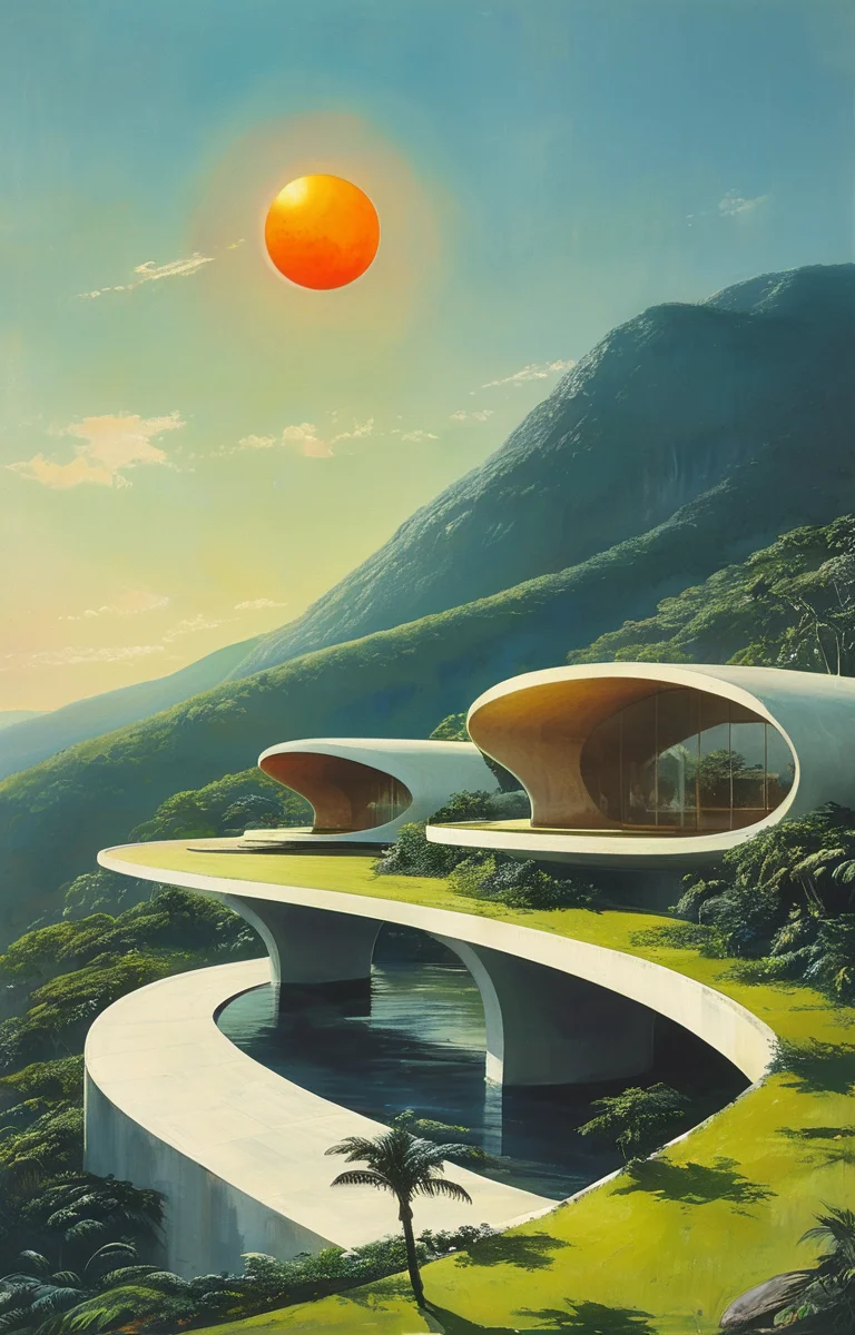 masterpiece,best quality,<lora:tbh313-sdxl:0.75>,illustration,designed by Oscar Niemeyer, Sustainable eco-village with green roofs and solar panels, nestled in a mountain valley