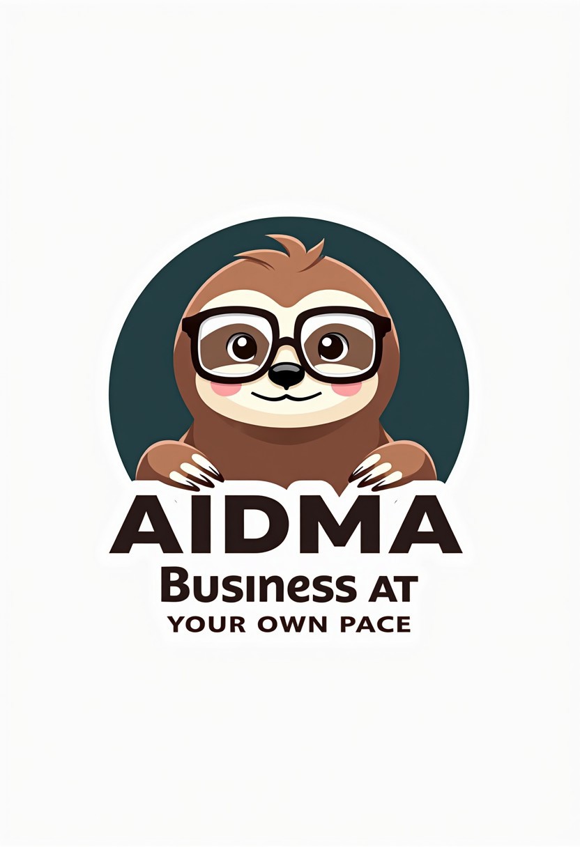 Corporate logo featuring a sloth wearing glasses with the phrase: "AIDMA: Business at Your Own Pace" integrated into the design.
,aidmaTextImprover
