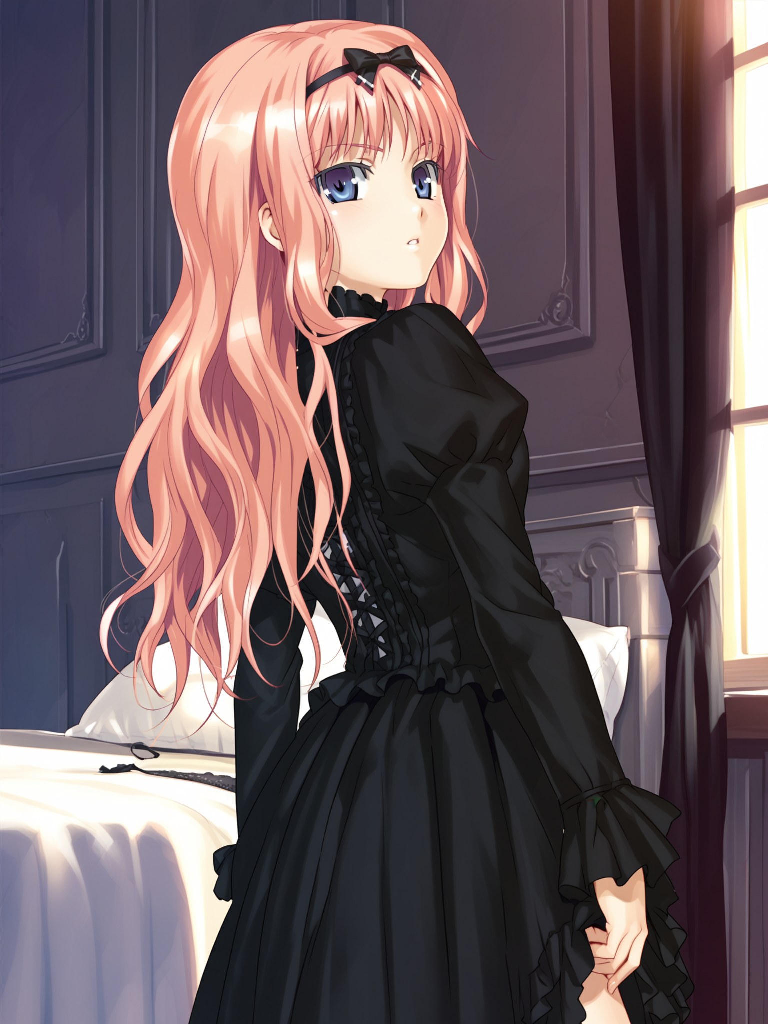 <lora:happy_tentacle-cecile-v0.1-000039:0.9>, ht_cecile, goth fashion, black dress, bedroom , 1girl, solo, cowboy shot, thighs , unusually open eyes , ( parted lips :1.1), , looking back , , facing viewer , score_9, score_8_up, score_7_up, score_6_up, score_5_up, score_4_up