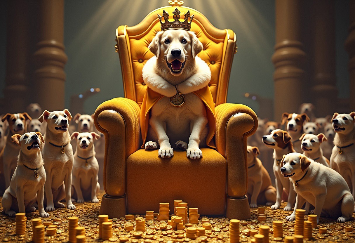 A majestic golden retriever sits on an ornate throne made entirely of buzz coins, stacked high like a royal seat. The dog wears a luxurious fur-lined cape, a crown with a lightning bolt emblem, and a smug, regal expression.
Around the throne, dozens of other dogs (of all breeds and sizes) kneel in absolute reverence, their tails wagging furiously. Some are offering up stacks of buzz coins like sacred tributes, while others look on in awe, eyes wide as if witnessing divinity.
A single chihuahua in the corner is dramatically fainting, overwhelmed by the sheer presence of the Buzz King.