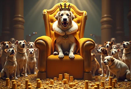 A majestic golden retriever sits on an ornate throne made entirely of buzz coins, stacked high like a royal seat. The dog wears a luxurious fur-lined cape, a crown with a lightning bolt emblem, and a smug, regal expression.
Around the throne, dozens of other dogs (of all breeds and sizes) kneel in absolute reverence, their tails wagging furiously. Some are offering up stacks of buzz coins like sacred tributes, while others look on in awe, eyes wide as if witnessing divinity.
A single chihuahua in the corner is dramatically fainting, overwhelmed by the sheer presence of the Buzz King.