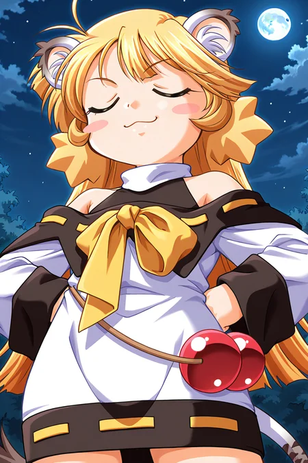 masterpiece, best quality, absurdres, official art, official style, general BREAK <lora:ouki-torakapu_IL_v1-1:0.7>, ouki, 1girl, solo, green eyes, blonde hair, sidelocks, long hair, ahoge, no headwear, flat chest, tiger girl, tiger ears, animal ear fluff, tiger tail, tail ribbon, yellow ribbon, turtleneck, halterneck, black capelet, ribbon trim, white dress, short dress, off-shoulder dress, bare shoulders, yellow bow, breast bow, long sleeves, wide sleeves, detached sleeves, red orbs, two large orbs, hanging from waist, outdoors, full moon, night, cloud, night sky, moonlight, starry sky,
blush stickers, :3, arms behind back, closed eyes, closed mouth, doyagao, from below, hands on hips, leaning back, smug, standing