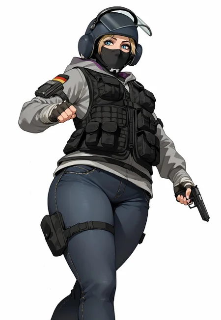 safe_pos, score_9, score_8_up, score_8,<lora:add-detail-xl:1>,white background,side view,from below,iq, iq \(Rainbow Six Siege\), 1girl,adult,solo,running,maneuver, aiming with pistol,looks at side ,beautiful face,lips,beautiful eyes, blue eyes, blonde hair,(curvy:1),small breasts,thick thighs,BREAK,mask, helmet, face shield,fingerless gloves, hoodie, long sleeves,jeans,bulletproof vest,thigh holster