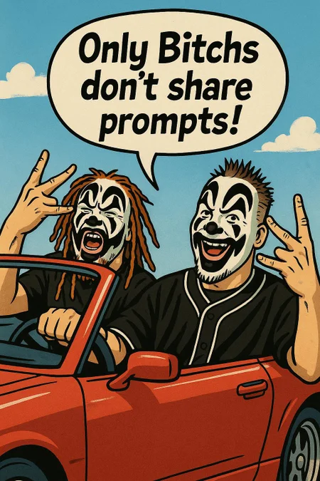 insane clown posse driving a convertible car throwing up gang signs, their speech bubble says : Only Bitchs don't share prompts!',  