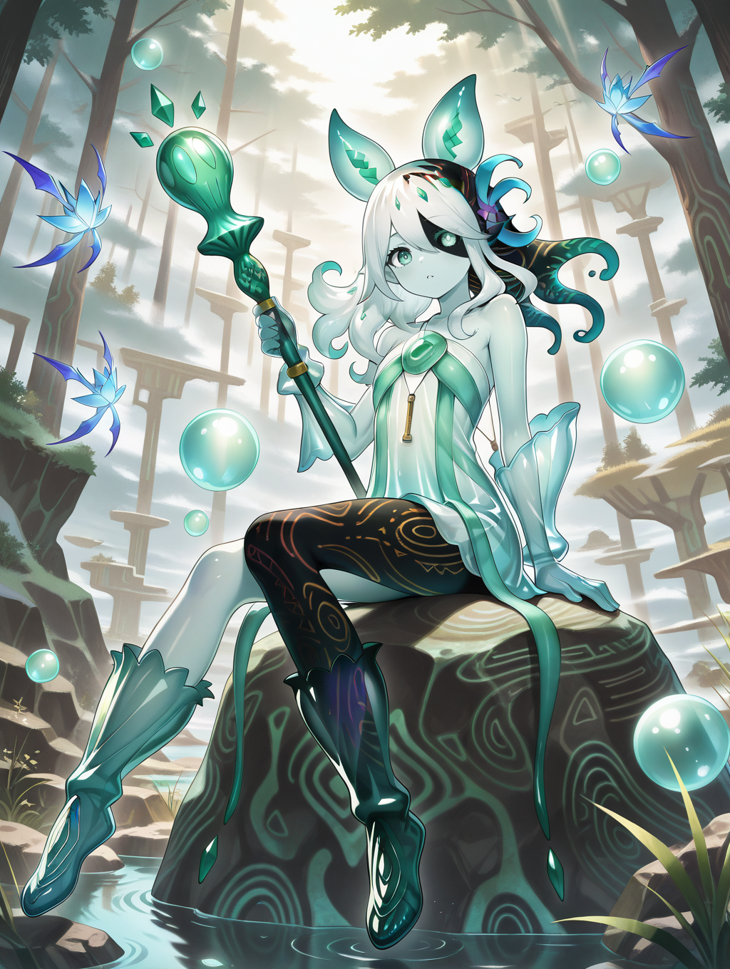 monster girl,icejade acti,1girl,solo,sitting on rock,floating rocks,green bubble,looking at viewer,full body,outdoors,parted lips,holding staff,staff,see-through body,see-through gloves,see-through dress,hair flower,bubble pipe necklace,cyan fairy,heterochromia,
masterpiece,best quality,amazing quality,very aesthetic,absurdres,newest,<lora:Icejade Acti illuXL v1.2:0.83>,