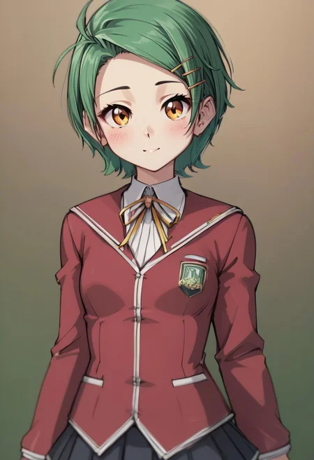 score_4,score_5,score_6,score_7_up,score_8_up,score_9
((masterpiece,best quality,ultra detailed,highres,HD,4k:1.2)),
(small breast:1.2),1 cute girl,solo,
Erika,lime green hair,very short hair,orange eyes,((hairpin)),parted bangs,
school uniform, red cardigan, black miniskirt,