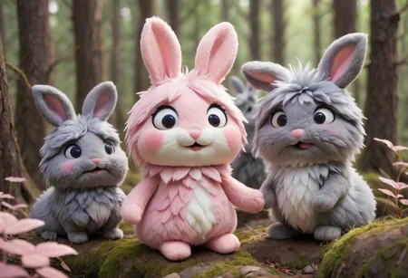 source_anime, Cute wonderful creatures, Microphotography, chibi, cute fluffy rabbits ,pink and grey, in a dreamy forest, ispzxll, In a felt puppet world style,