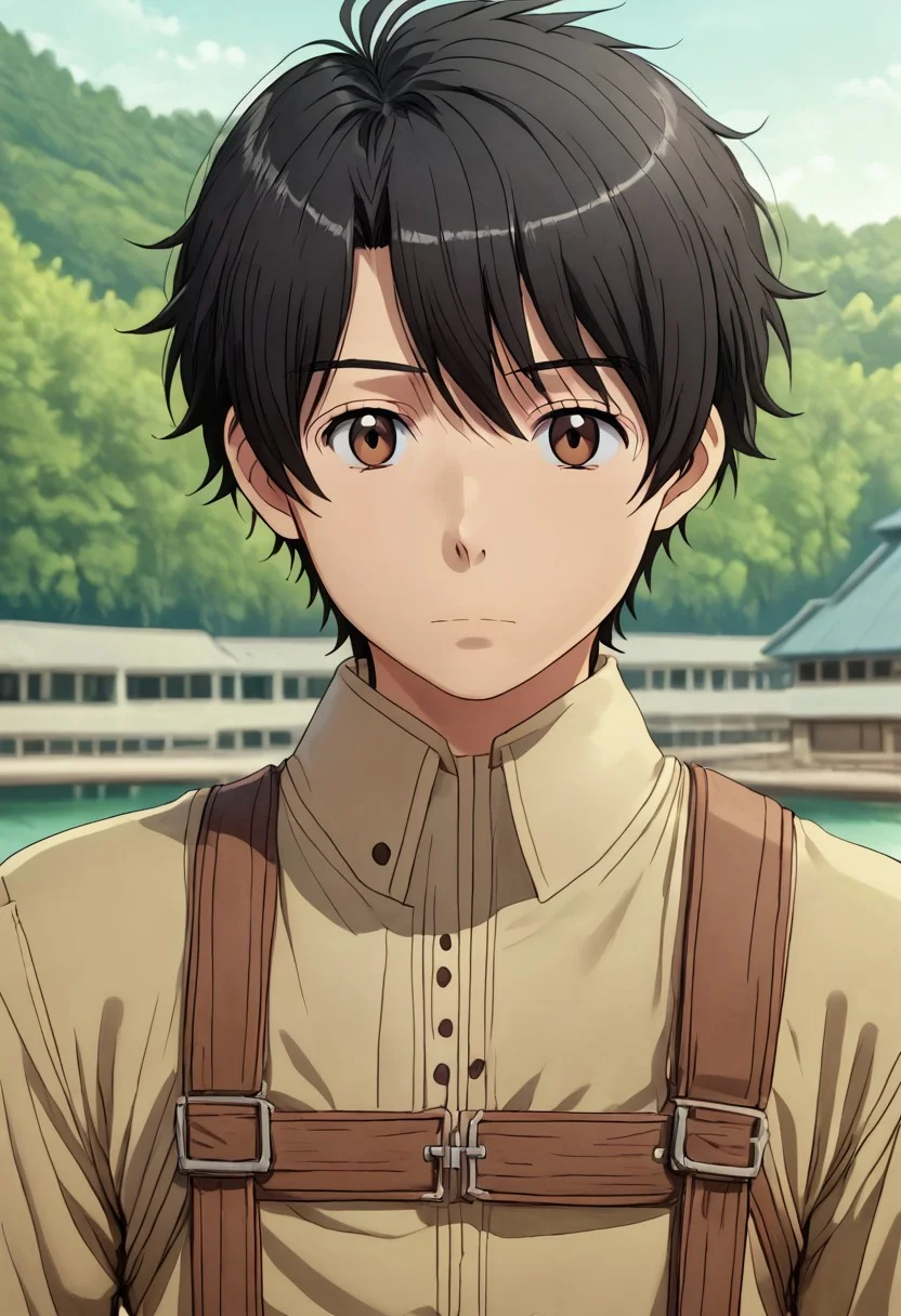 high resolution, solo, best quality, 1Boy, Inaho Kaizuka, Black hair, Brown Eyes, portraits, proud, outdoor, Half Body, Depth Of Field