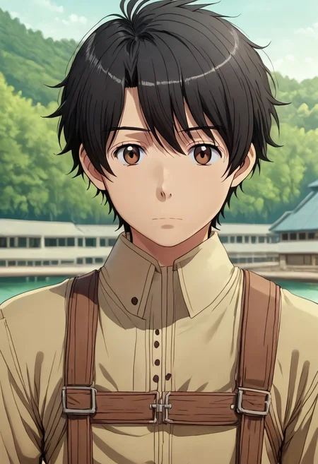 high resolution, solo, best quality, 1Boy, Inaho Kaizuka, Black hair, Brown Eyes, portraits, proud, outdoor, Half Body, Depth Of Field