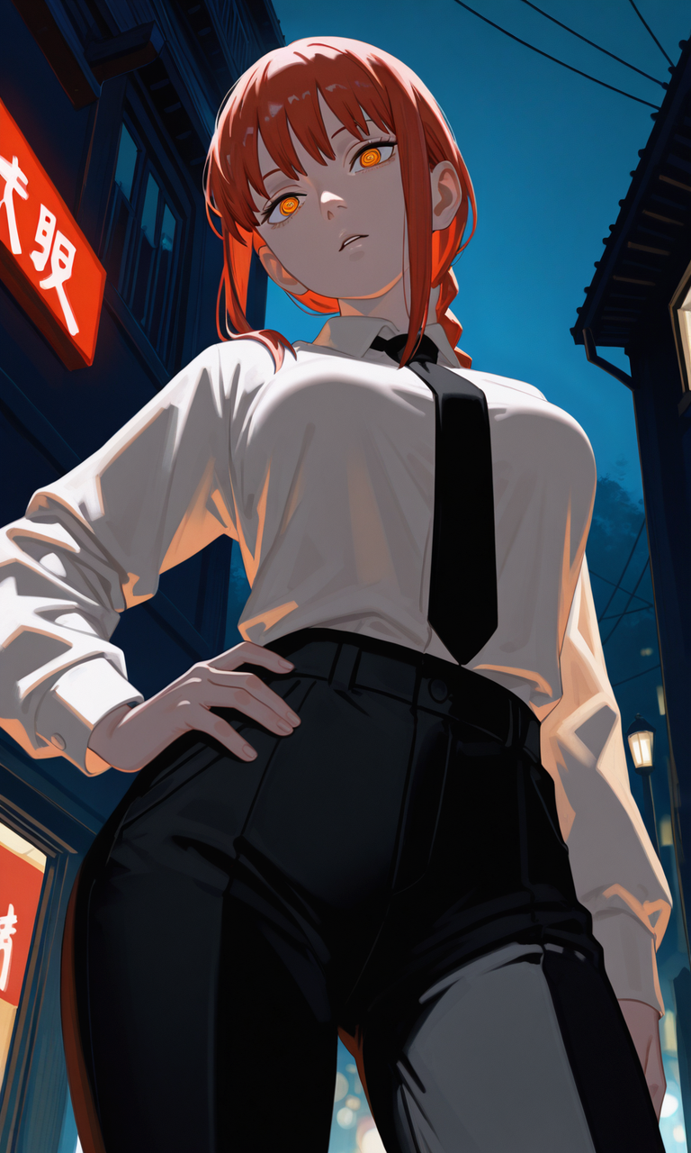 embedding:IllusP0s, sa1t, painterly, makima_\(chainsaw_man\), sidelocks, ringed pupils, parted lips, white shirt, black tie, black pants, one hand on hip, contrast lighting, low angle, from below, head tilt, night, outdoors,<lora:sait.safetensors:1.3:1.3>