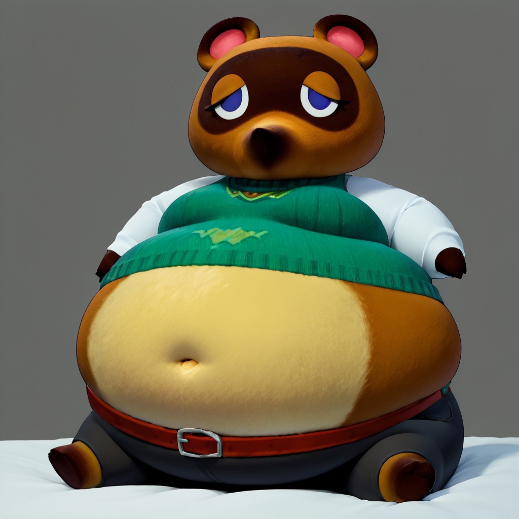 score_9, score_8_up, score_7_up, score_6_up, score_5_up, simple background, solo, best quality, 1girl, Tom Nook, Tanuki, Animal Crossing, furry, Brown fur, tan belly, eyelashes, animal ears, green sweater vest, white sleeves,jacket, black leggings, belt, sitting on bed, (obese:1.6), bedroom background, window