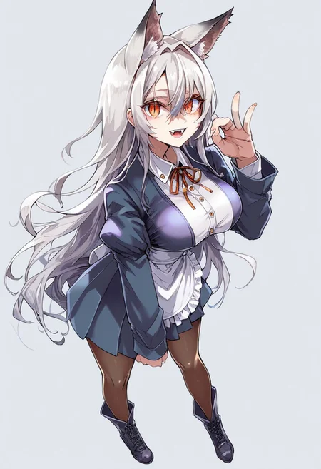 (score_9, score_8_up:1.1),score_7_up,zPDXL, 1girl, solo, tail, animal ears, long hair, maid dress, maid apron, pantyhose, fox tail, standing, fox ears, multiple tails, ribbon, (((white hair))), shirt, opened mouth, long sleeves, boots, full body, black footwear, fox shadow puppet, half closed eyes
looking at viewer, animal ear fluff, white shirt, simple background, very long hair, brown pantyhose, smile, big breasts, hair between eyes, orange eyes, jacket, frills, yellow eyes, neck ribbon, red ribbon, shadow, multicolowhite hair, wing collar, hair ribbon, black pantyhose, slit pupils, double tooth, two-tone hair,
,<lora:kafu_Artist_Style:1>, detail1eye,