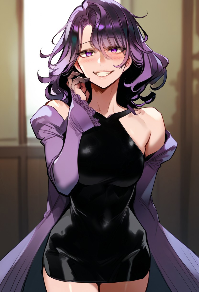 zPDXL3, score_9_up, score_8_up, score_7_up, (Anime_source), 1girl, GayeonSin, purple eyes, black-purple hair, medium hair, GayeonSin clothes, arm on back, leaning towards, cowboy shot, from front, looking at viewer, standing, smile, blush