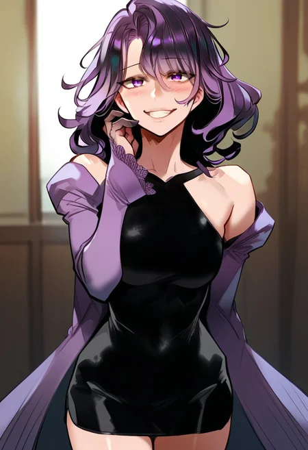 zPDXL3, score_9_up, score_8_up, score_7_up, (Anime_source), 1girl, GayeonSin, purple eyes, black-purple hair, medium hair, GayeonSin clothes, arm on back, leaning towards, cowboy shot, from front, looking at viewer, standing, smile, blush