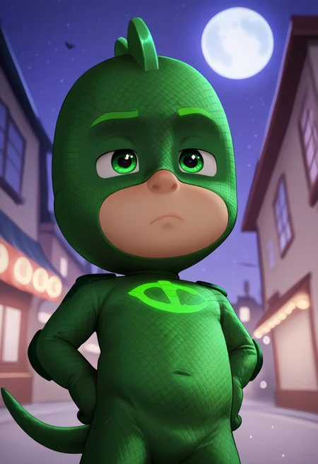 (score_9, score_8_up, score_7_up), highly detailed, cute boy, masterpiece, best quality, high quality, detailed, round face, round eyes, round pupils, shining eyes, petite, flat chested, aged down, cute, kawaii, short, 1boy, solo, Gekko Costume, Green Bodysuit, Green Eyes, Mask, Tail, at night, strong, full moon, dynamic pose, side view, dutch angle, narrowed eyes, low angle view, perfect detail, perfect eyes, perfect face, perfect mouth, night time, moonlighting, empty streets, outdoors, street, city background, textured costume, bold lines, hand on hip, bored, volumetric lighting, moon in background, ((blurred detailed background)), natural lighting, (ray tracing, good shadows), young, short male