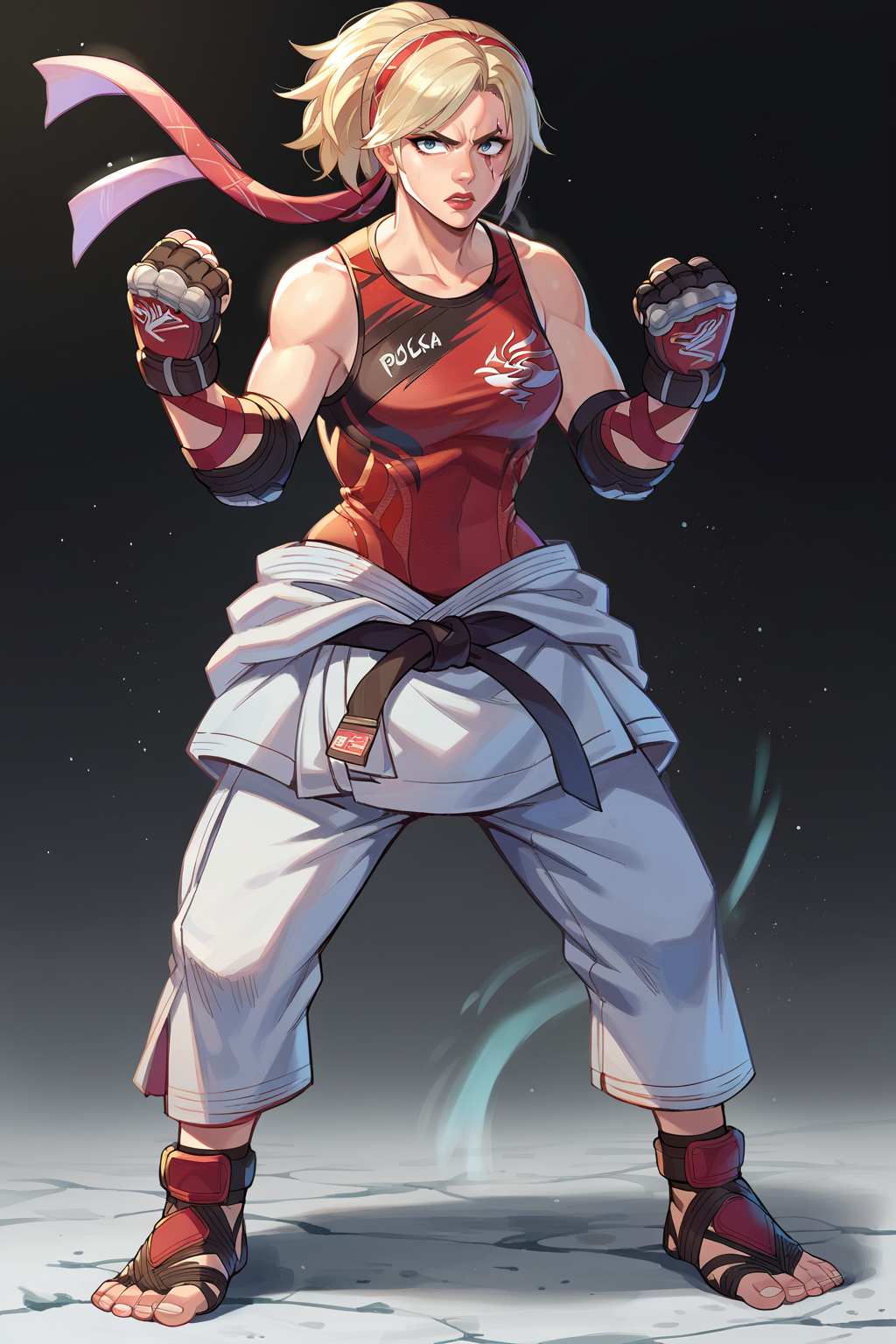 score_9, score_8_up, score_7_up, score_6_up, score_5_up, score_4_up, BREAK source_anime,solo
edgLidia,fingerless gloves,scar across one eye,ponytail,red hairband,black karate belt,clothes around waist,dougi,tank top short hair, bare shoulders, full body, belt, pants, lips, toes, headband, sandals, clenched hands, fighting stance, nose, toeless legwear
 <lora:edgLidiaTekkenPonyv1:1>