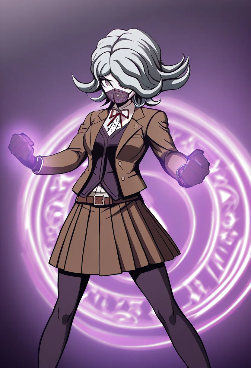 (((solo))), masterpiece, best quality, modern, modern anime, danganronpa_(series),<lora:Seiko_Kimura_Illustrious:1>, In the art style of Rui Komatsuzaki, artist: Rui Komatsuzaki, Danganronpa sprite style. . Seiko Kimura is wearing her despair arc Hope's Peak Academy uniform. She's wearing a brown blazer over a dark purple vest with a dark red bow at the collar. She's wearing a brown pleated skirt with a dark brown belt worn over her purple vest. She has on dark grey stockings going just above her knee and her hands are covered with dark purple gloves. Seiko is wearing her dark purple respirator mask covering her mouth and she has her shoulder length grey hair. Her hair covers her left eye. Magician sidekick, start seal, magic circle, floating, glowing fingers, magic circle