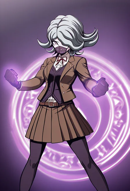 (((solo))), masterpiece, best quality, modern, modern anime, danganronpa_(series),<lora:Seiko_Kimura_Illustrious:1>, In the art style of Rui Komatsuzaki, artist: Rui Komatsuzaki, Danganronpa sprite style. . Seiko Kimura is wearing her despair arc Hope's Peak Academy uniform. She's wearing a brown blazer over a dark purple vest with a dark red bow at the collar. She's wearing a brown pleated skirt with a dark brown belt worn over her purple vest. She has on dark grey stockings going just above her knee and her hands are covered with dark purple gloves. Seiko is wearing her dark purple respirator mask covering her mouth and she has her shoulder length grey hair. Her hair covers her left eye. Magician sidekick, start seal, magic circle, floating, glowing fingers, magic circle