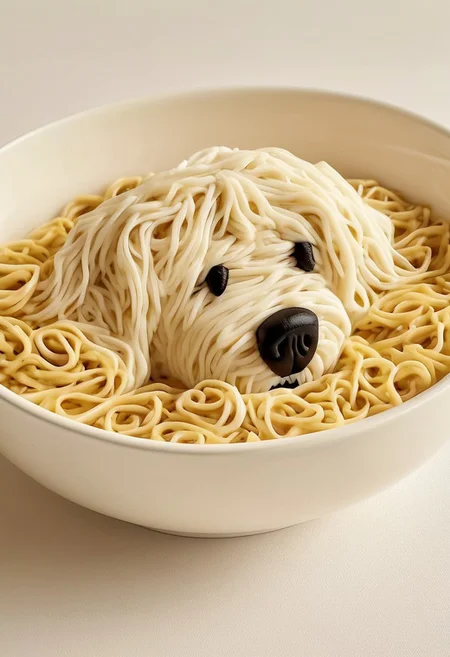A white bowl containing an edible art of a dog's face made of noodles, with white and brown noodles arranged to form the fur, a black nose made of an olive or similar, and small yellow details (like sauce drops or food pieces) scattered around in the bowl, neutral background, soft lighting, realistic and detailed style, high quality, photorealistic