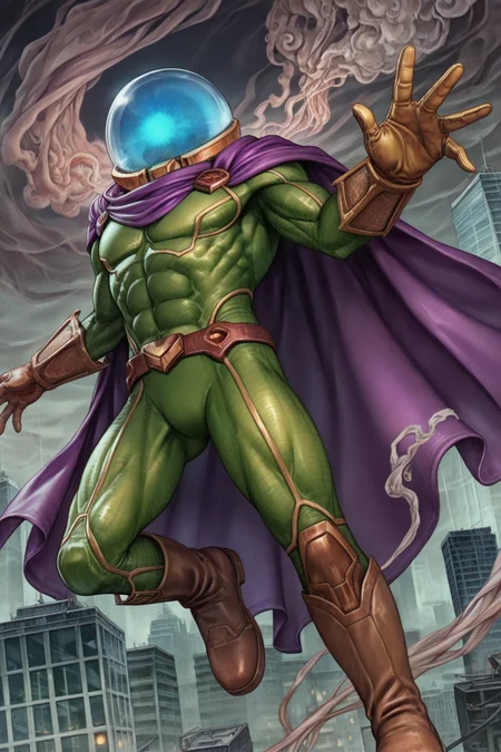 score_9, score_8_up, score_7_up, 8k, very detailed, high detailed texture, depth of field, golden hour, cinematic illumination, volumetric lighting, lab, city skyline, low shot, flying, action shot, <lora:AIPansen__Mysterio:0.8>1boy, cape, armor, gloves, helmet, superhero, bodysuit, purple cape, muscular, abs, glowing, smoke, boots, belt, green suit <lora:Serpieri_for_Pony:0.8> by Serpieri
