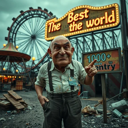score_9, score_8_up, score_7_up, a decadent amusement park, dirty, trash, dust,  a giant HORRIBLE ruined roller coster with a large sign with lights with the text "The Best in the world", some light bulbs burned out
An elderly man with a wrinkled, semi-bald face with a grimace, squinting eyes, wearing suspenders, shorts, and a dirty white shirt, mustard and ketchup stain,  pointing at a sign with the text "1000 buzz to entry"