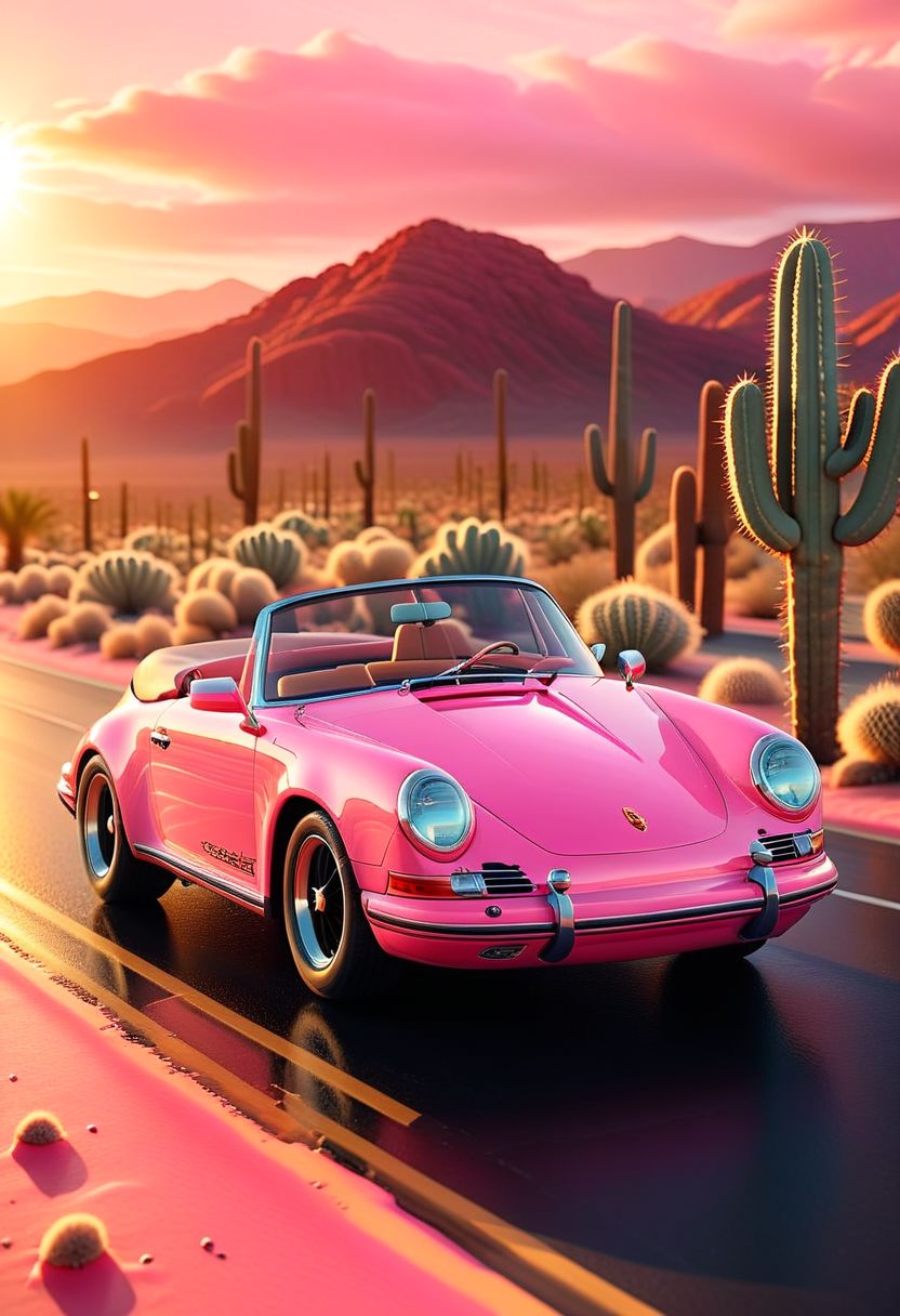 ispzxll, diorama, isometric, miniature, volumetric lighting style, intricate details, wide angle, ultra-detailed, pink porsche convertible car, setting speed record, nevada desert highway, long straight road, palms, tire smoke, massive cactus, wet pavement, reflective surfaces, glossy, golden hour, long shadows, fluffy clouds, sun rays shining through, 8k