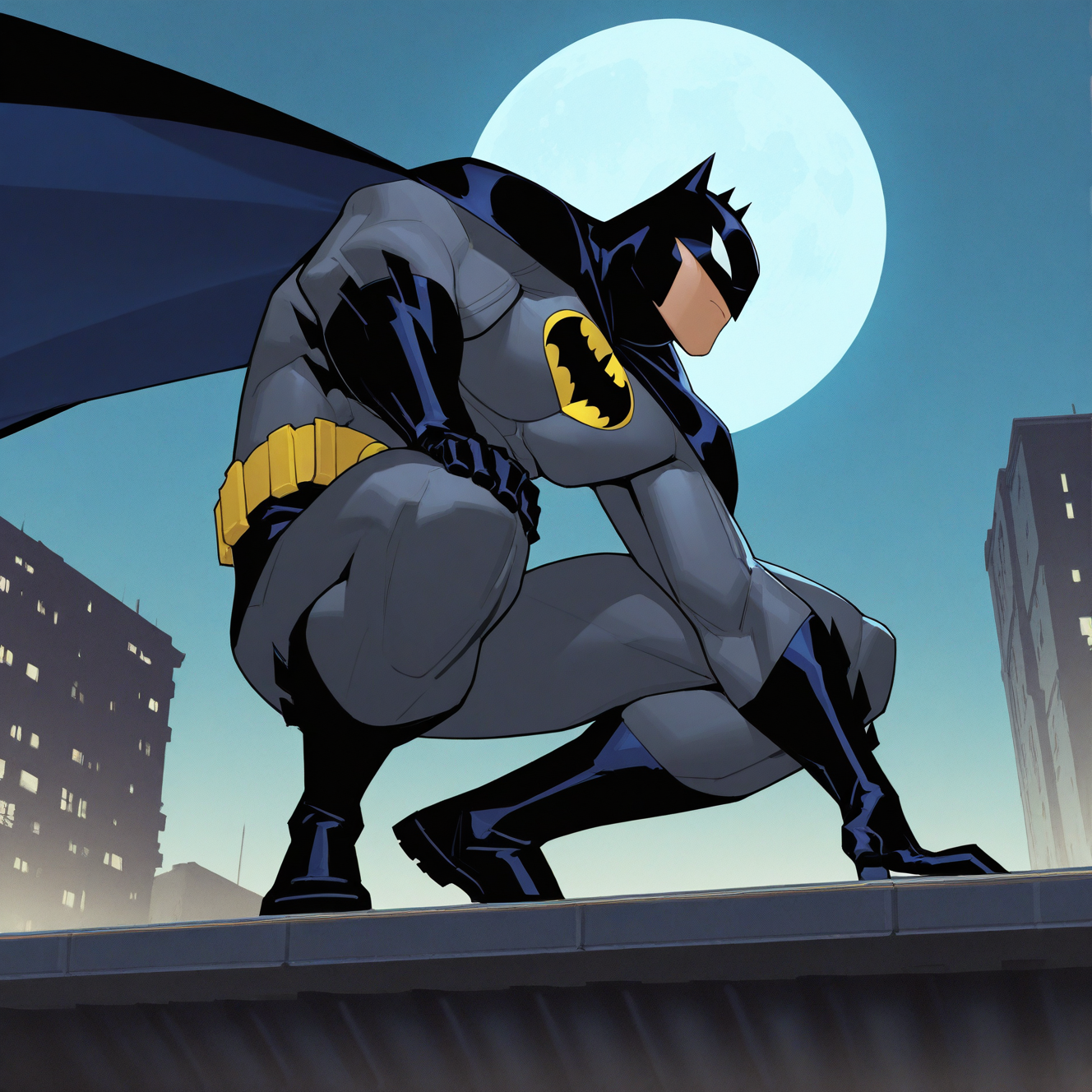 <lora:BATMAN_2004:1>batman_2004, solo, 1boy, gloves, male focus, outdoors, sky, cape, mask, bodysuit, night, squatting, moon, building, night sky, full moon, black cape, hand on own knee, superhero, bat print, rooftop, utility belt, grey bodysuit, western comics (style), belt, dynamic perspective, detailed background, motion blur, film grain, abstract, natural lighting, fantasy, cinematic, dynamic view, tilted angle, very awa, masterpiece, best quality, absurdres, newest, perfect quality, detailed background, intricate details, (artist:fl \(l-fl\):0.7), (artist:tooboshoo:0.7), (artist:dizdoodz:0.8)