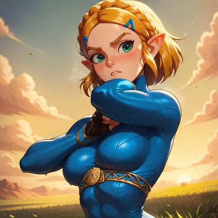 core_9, score_8_up, score_7_up,
1girl, Marcille Zelda, solo,
large breasts,
blue latex, sweaty battlesuit dress, tight bodysuit,
Serious scared expression,
(fighting on battle field with her army,
Battle field Crown of medieval soldiers,
From breath of the wild, hyrule:1.1)