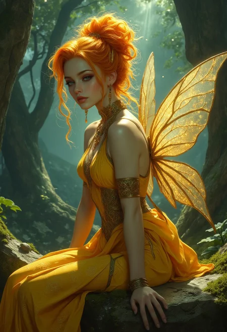 A visually stunning scene capturing the essence of beauty and emotion. Subject: A radiant fairy-like woman with fiery orange hair intricately styled into an elegant updo, adorned with golden leaves and sparkling strands of gossamer. Her almond-shaped eyes shimmer with a mesmerizing glow, reminiscent of molten amber, and her serene expression exudes wisdom and grace. Her flowing yellow gown cascades gracefully, featuring intricate embroidery of floral patterns intertwined with glimmering golden threads, enhancing her ethereal beauty. Fine jewelry adorns her arms, including a golden spiral cuff on her upper arm and delicate bracelets with charms shaped like blossoms. Her very large, translucent wings, veined like delicate leaves, glow softly with hues of green and gold, catching ambient light and adding to her mystical aura. Background: A lush and magical forest with towering, ancient trees forming a protective canopy overhead. Beams of sunlight pierce through the dense foliage, creating a dance of dappled light on the moss-covered ground. Bioluminescent plants and tiny fireflies emit a faint, magical glow, illuminating the serene environment. The woman sits atop a polished stone adorned with ancient floral engravings, blending seamlessly with the enchanting surroundings. Style: Hyper-realistic with vibrant and dynamic lighting, emphasizing intricate textures, exquisite embroidery, and glowing natural elements.