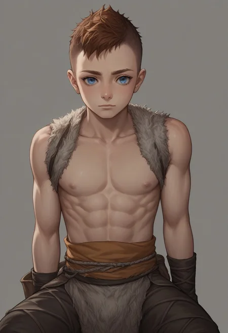 score_9, score_8_up, score_7_up, source_anime, highly detailed, 1boy, solo, cute boy, Atreus, Blue Eyes, auburn Hair, Undercut, shirtless, muscular, lean body, Brown Boots, loincloth, sleeveless
