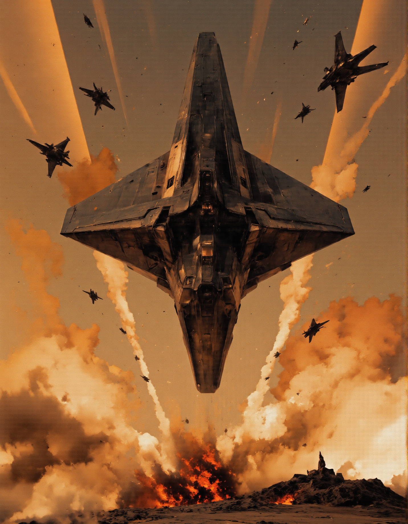 Art by Piotr JabÅoÅski. A digital illustration shoot from below about a futuristic battle scene featuring a large spaceship flying through the air with multiple fighter jets flying around it, creating a dynamic and intense atmosphere. the scene is set against a gradient background of warm tones, with light rays radiating from the left side of the image. the spaceship is in the center of the frame, with a large, angular shape resembling a spaceship, and it appears to be in the midst of a battle. it is flying at a high altitude, with its wings spread wide, and its nose pointed upwards, as if it is about to take off. the aircrafts below it are smaller and more menacing, with smoke and debris flying around them, adding to the sense of chaos and destruction. the overall effect is one of intense action and intensity, with the spaceship and fighter jets creating a sense of movement and energy.