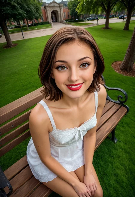 1girl, maya, brown hair, lipstick, sitting, blouse, from above, park bench, small breasts, arch back flirt, smiling at viewer, natural, amateur, trees, outdoors, grass