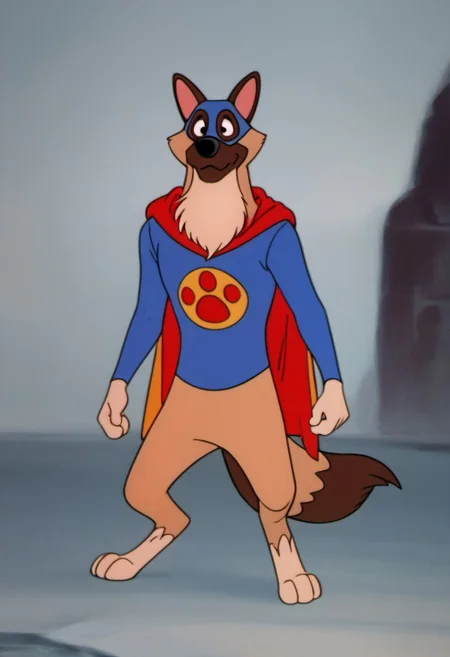 score_9, score_8_up, score_7_up, score_6_up, score_5_up, score_4_up, solo, W0nd3rD0g, Flash, Disney, anthromopmorphic Dog, cartoon, German Shepherd, erect ears, pink inner ear, long snout, black nose, black eyes, tan fur, beige chest, beige paws, brown snout, brown ears, brown tail tip, fluffy tail, fluffy chest, fluffy cheeks, thick neck, blue shirt, blue hood, yellow circle logo, red paw logo, red cape, pants less