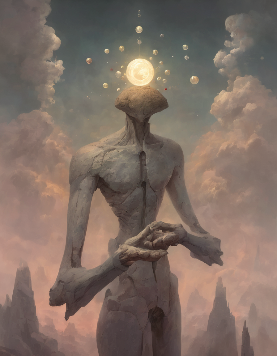 <lora:ptm0-000007:0.8>ptm0 a painting of a man with a head made out of a half moon three pointed stone with floating orbs levitating around him pressing his palms together with thin insect like body made out of thin flexible rocks, muted colors, light shining from behind, abstract, surreal, beksinkski, horror, dark art,  floating in the air, Bastien L. Deharme, magic the gathering artwork, an ultrafine detailed painting, altermodern
