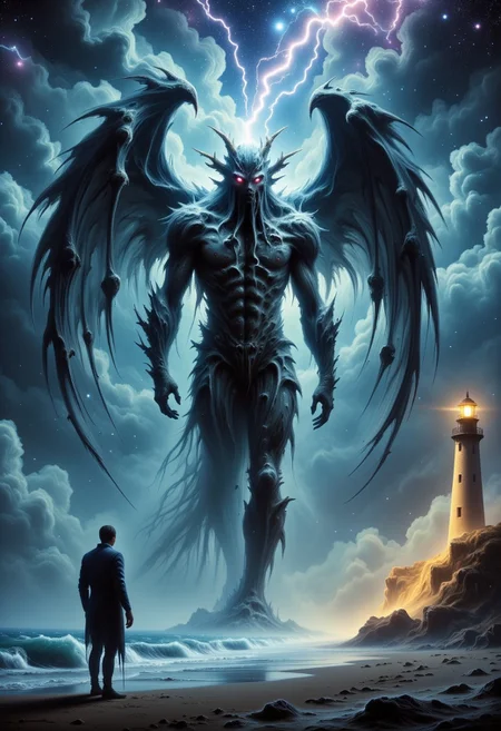 A colossal figure with a kraken head with a beard of a lot of large tentacle and dark wings strides ominously through a stormy ocean night. A tiny sailor stands frozen on the beach, illuminated by a lighthouse's yellow beam. Lightning splits the sky, revealing a galaxy of stars and a sense of impending terror.