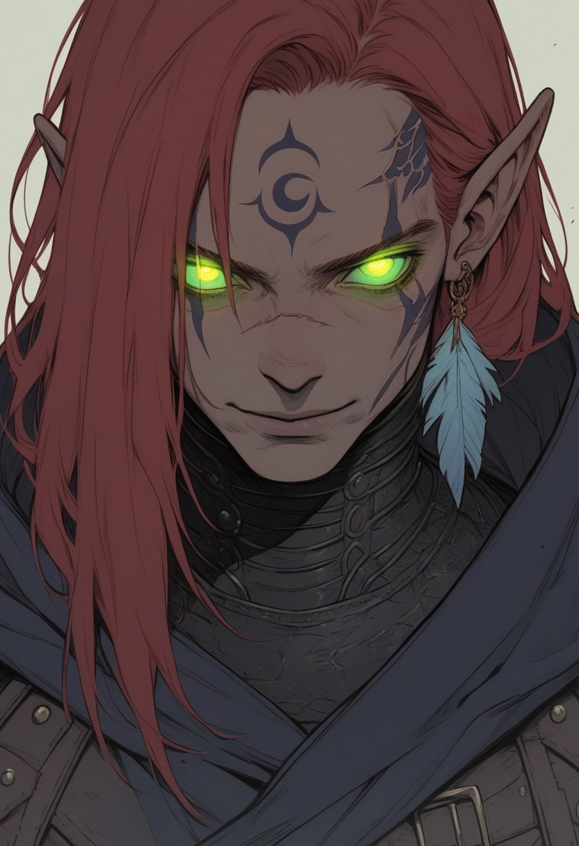 (score_9, score_8_up), score_7_up, 1man, elf ears, large curled horns, european skin, pale facial scars, scale tattoos, upper body, leather medieval clothes, feather earrings, classic fantasy, red hair, wild hair, long hair, (green glowing eyes:1.5), vertical pupils, looking at viewer, expressionless, smile, fire all around, particles, reptilian scales on cheek and neck, purple fire, ash, (head tilt:1.6), (leaning towards screen:1.8), <lora:Sinozick_Style_XL_Pony:1>, sinozick style