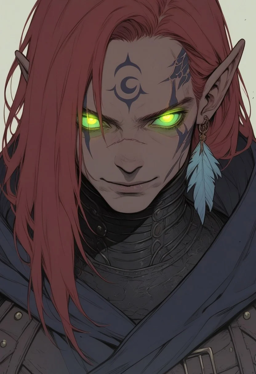 (score_9, score_8_up), score_7_up, 1man, elf ears, large curled horns, european skin, pale facial scars, scale tattoos, upper body, leather medieval clothes, feather earrings, classic fantasy, red hair, wild hair, long hair, (green glowing eyes:1.5), vertical pupils, looking at viewer, expressionless, smile, fire all around, particles, reptilian scales on cheek and neck, purple fire, ash, (head tilt:1.6), (leaning towards screen:1.8), <lora:Sinozick_Style_XL_Pony:1>, sinozick style