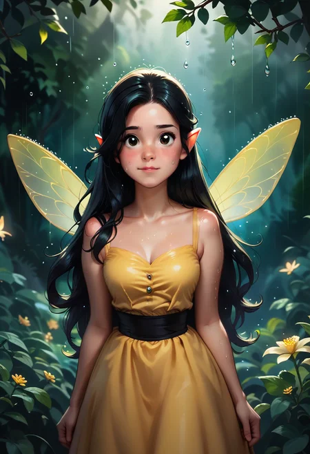 score_9, score_8_up, score_7_up, score_6_up, score_5_up, score_4_up masterpiece, high quality, a girl hiding from the rain in a magical forest, cute, black long hair, yellow dress,Fairy Wings , j_huiben, source_cartoon