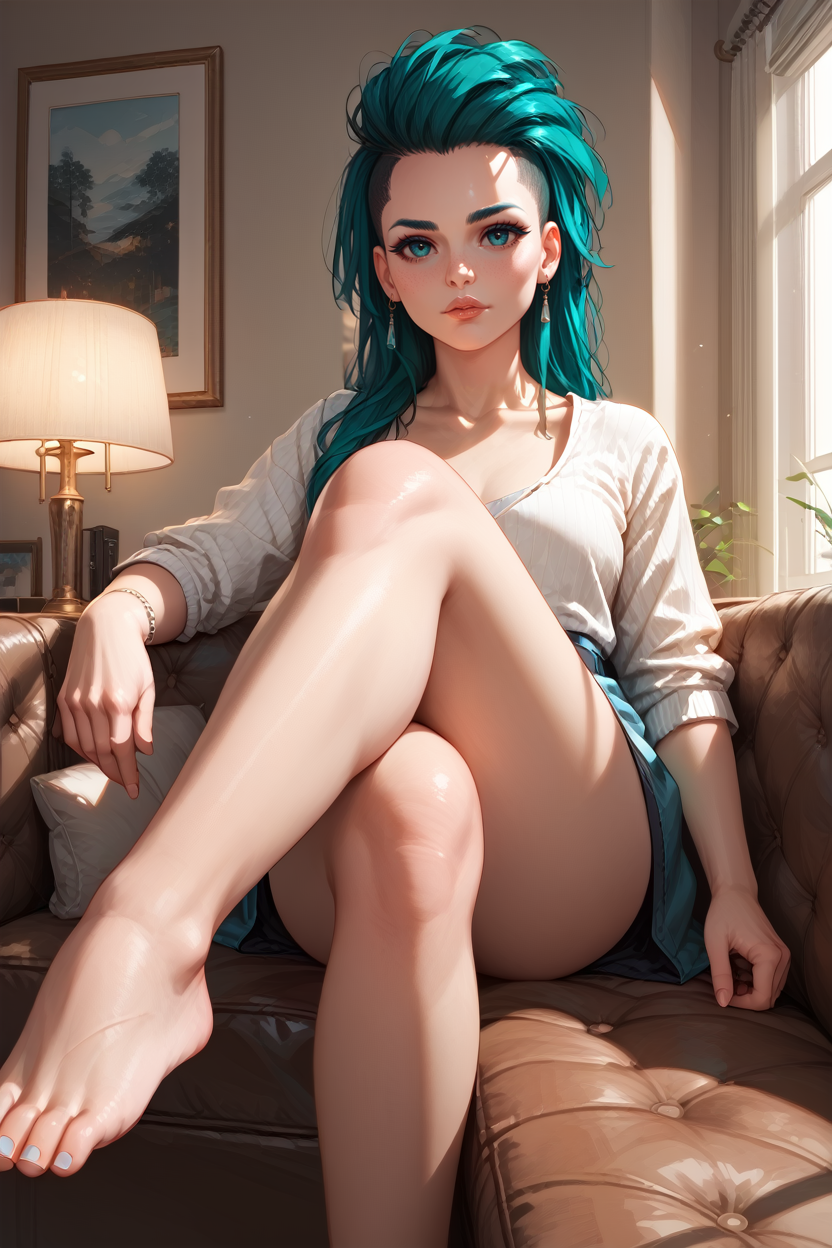 score_9, score_8_up, score_7_up, score_6_up
<lora:CyberRogueYoung:0.8>
CyberRogueYoung, 1girl, aqua hair, asymmetrical hair, looking at viewer, parted lips, sitting, legs crossed, on couch, inside living room, soft lighting, lamp