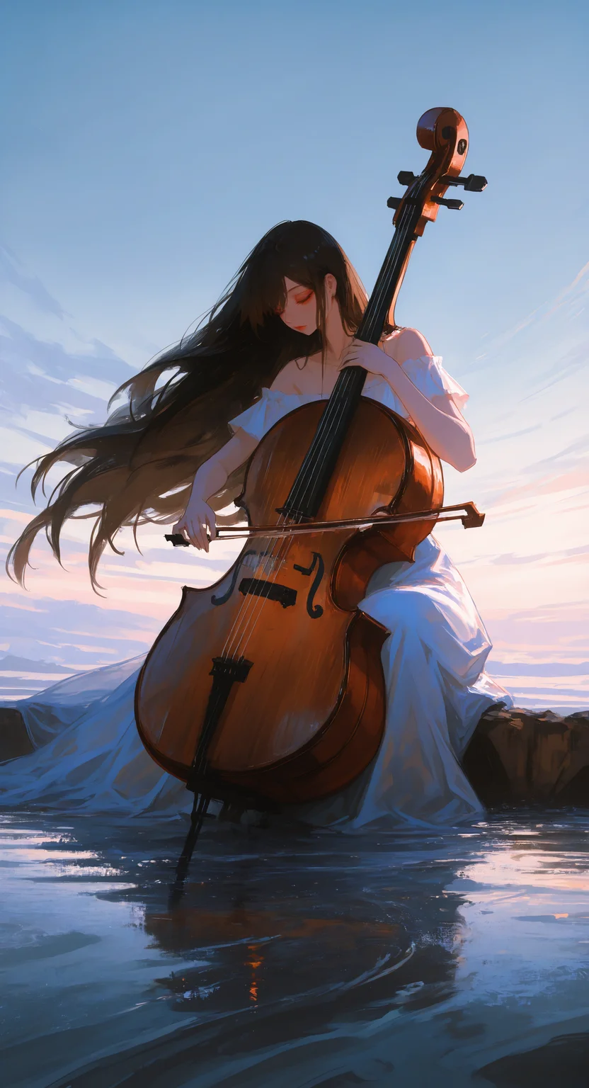 masterpiece, best quality, good quality, very aesthetic, absurdres, newest, 1girl, solo, Sleeveless, very long hair,brown hair, black hair, white Off-shoulder dress, holding, sitting, water, instrument, music,full body, girl focus, close eyes,Makeup, red lips,
holding instrument, playing instrument, bow \(music\), (big cello:1.2),outdoors,sky, wind, Wide Shot, Atmospheric Perspective,low view,
The overall scene should have a bright and colorful atmosphere, with the main tone being light blue. <lora:spo_sdxl_10ep_4k-data_lora_webui:0.6> <lora:ponyv5_noobV065S_1_adamW-000013:0.7> <lora:USNR_STYLE_XL_lokr:0.5> <lora:EtherSDXL:0.15> <lora:748cmSDXL:0.5>